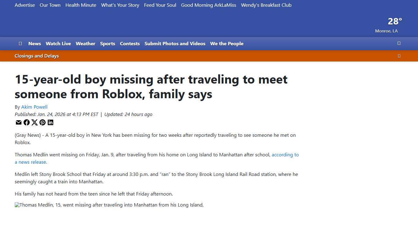 15-year-old boy missing after traveling to meet someone from Roblox, family says